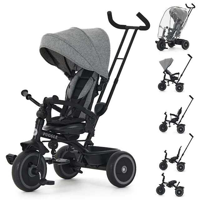 Puggle Easy Twist 6-in-1 Folding Trike with Handle and Rain Cover - Melange Grey (9 Months - 5 Years)