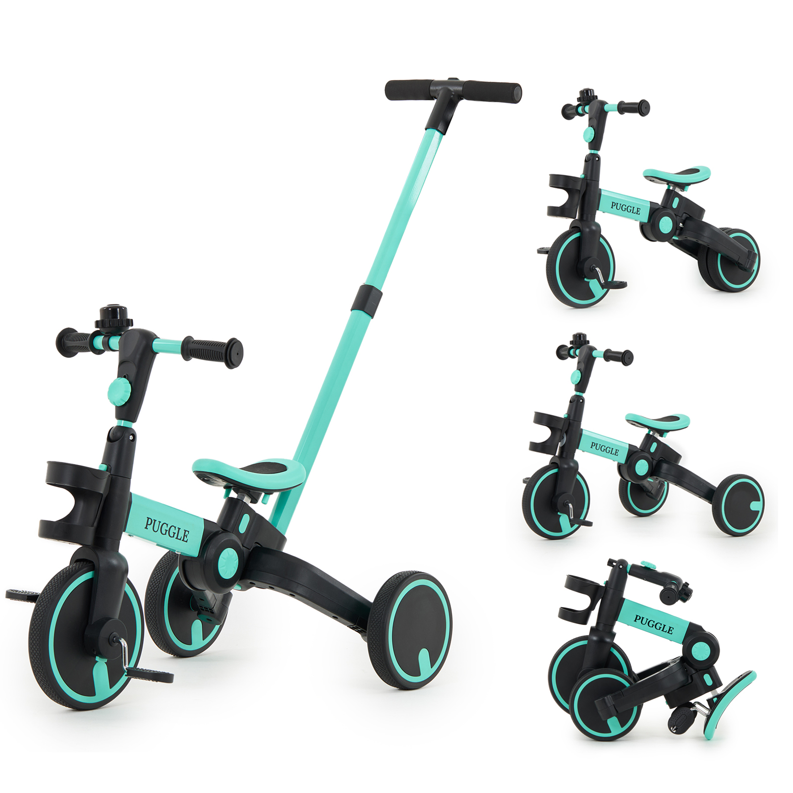 Puggle 3-in-1 Folding Trike & Balance Bike With Parent Handle - Aqua (18 Months - 5 Years)