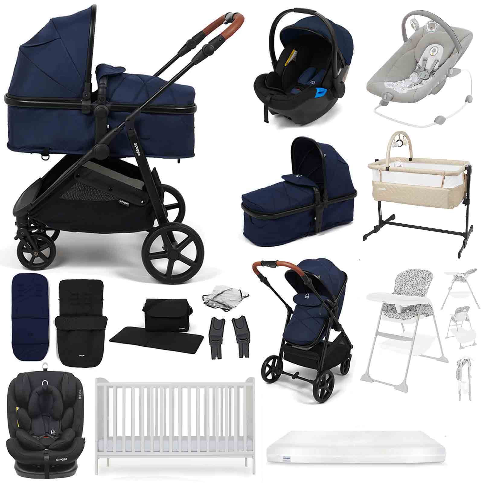 Puggle Monaco XT 2-in-1 Travel System with Henbury Cot Bed & Fibre Mattress 15-Piece Bundle - Navy
