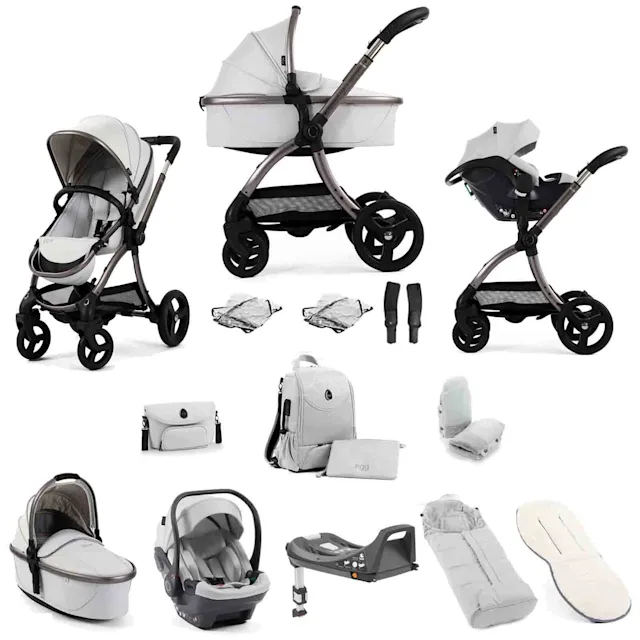 egg3 3-in-1 Luxury Travel System with i-Size Car Seat & ISOFIX Base 14-Piece Bundle - Houndstooth Silver