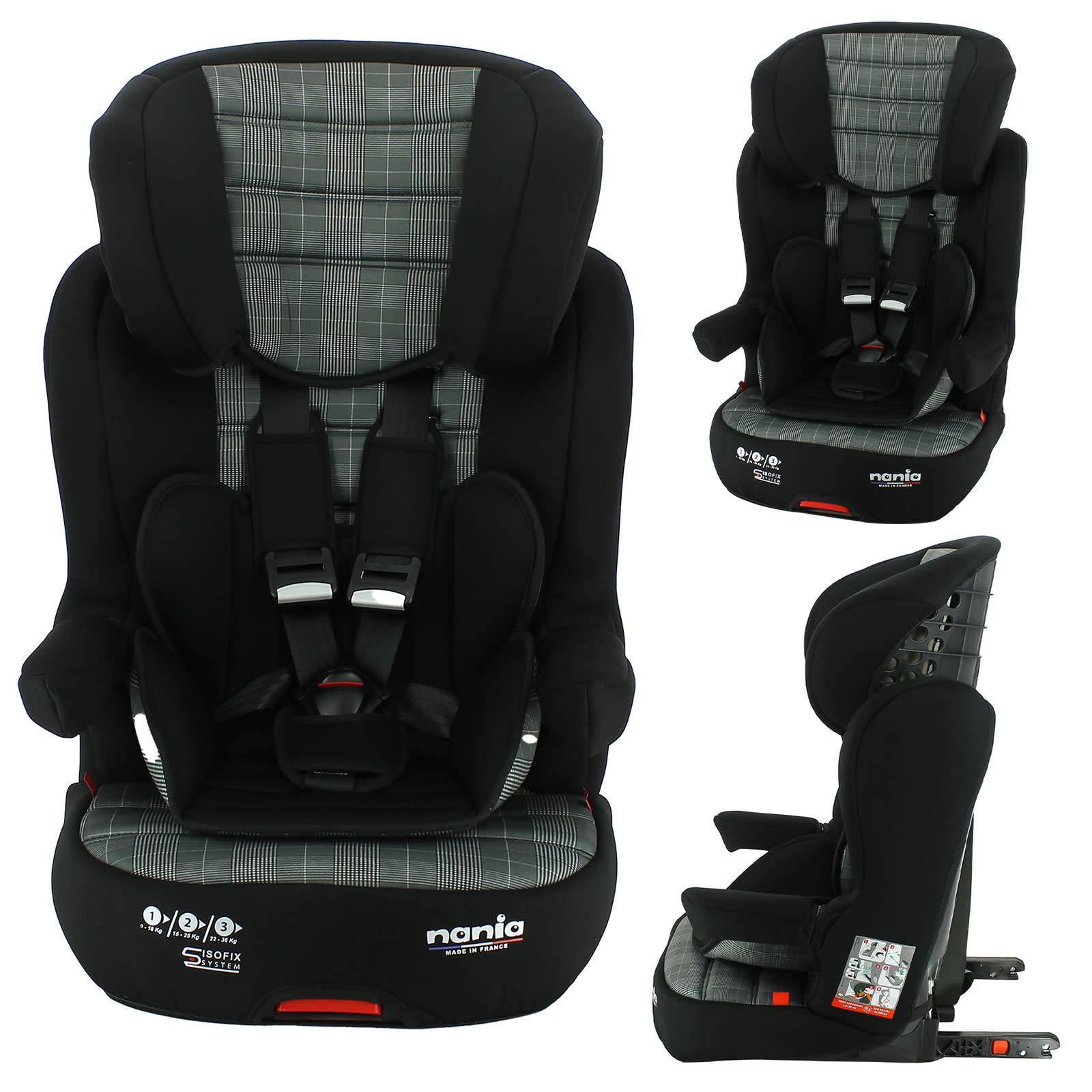 Nania Imax ISOFIX Group 1 2 3 High Back Booster Car Seat Black Grey 9 Months 12 Years