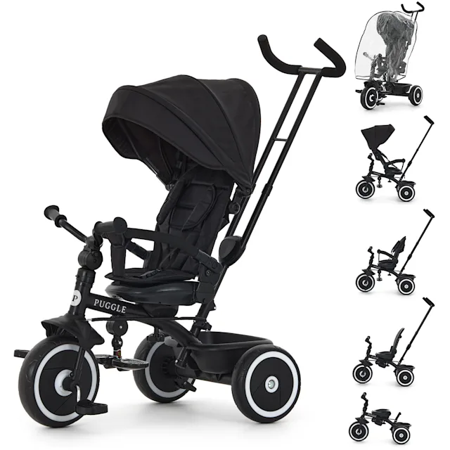 Puggle Easy Twist 6-in-1 Folding Trike with Handle and Rain Cover - Midnight Black (9 Months - 5 Years)