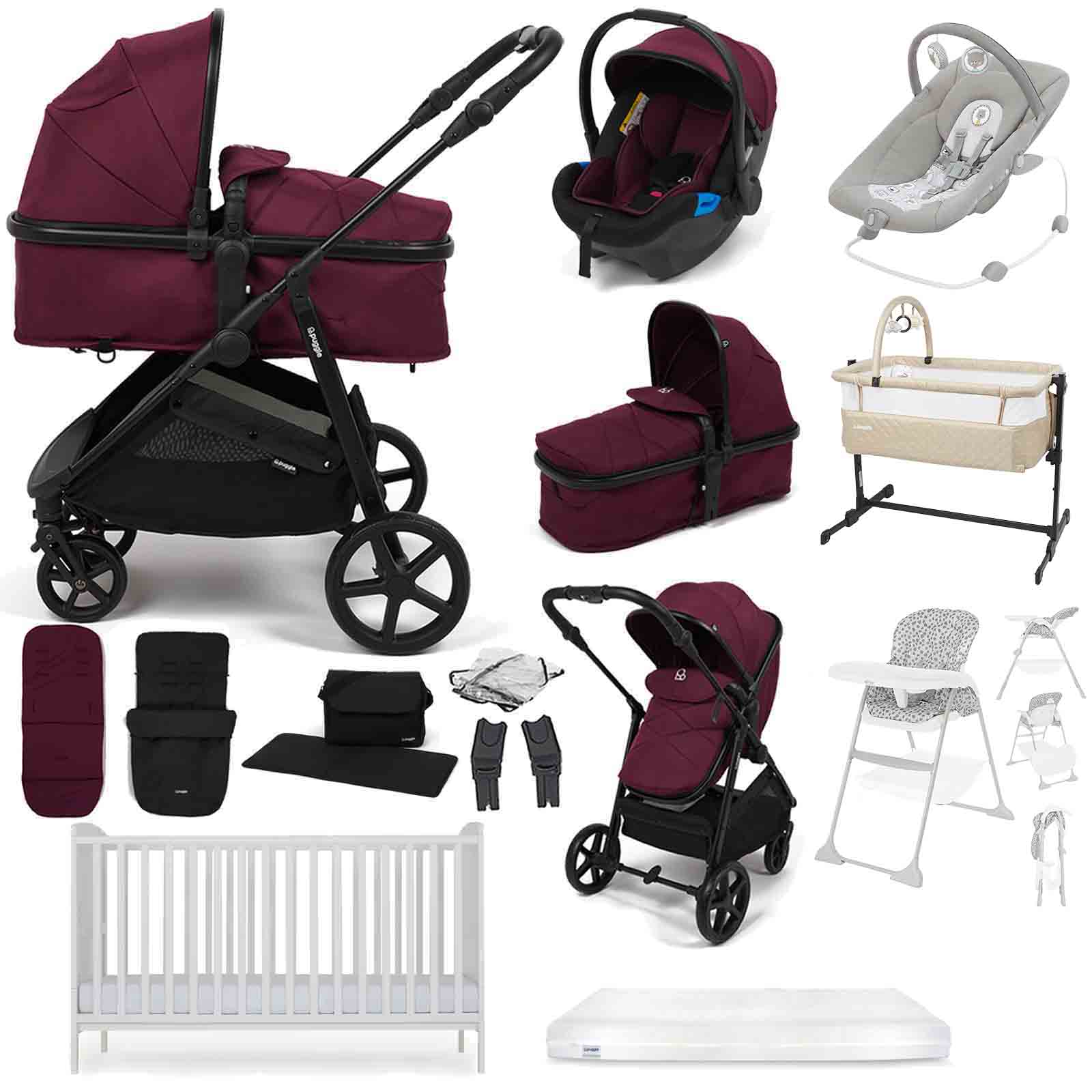 Puggle Monaco XT 2-in-1 Travel System with Henbury Cot Bed & Eco Fibre Mattress 14-Piece Bundle - Burgundy
