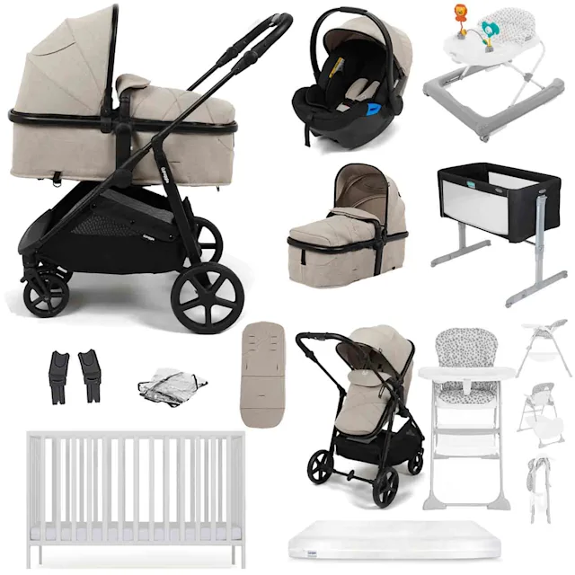 Puggle Monaco XT 2-in-1 Travel System with Cot & Mattress, 10 Pcs Everything You Need Bundle - Cashmere