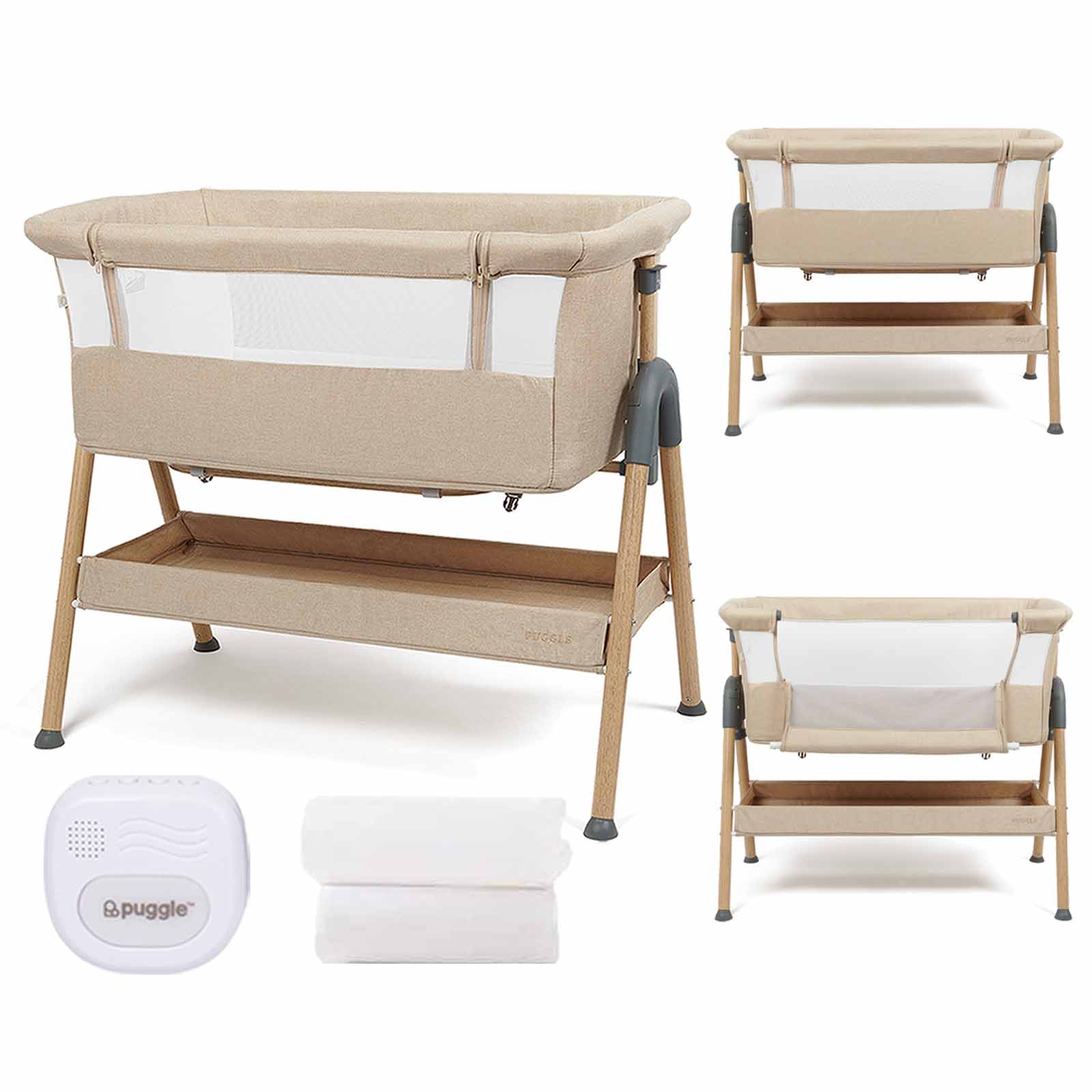 Puggle Dreamy Bedside Crib with Night Light & Bedside Crib Fitted Sheets, 4-Piece Bundles - Cashmere
