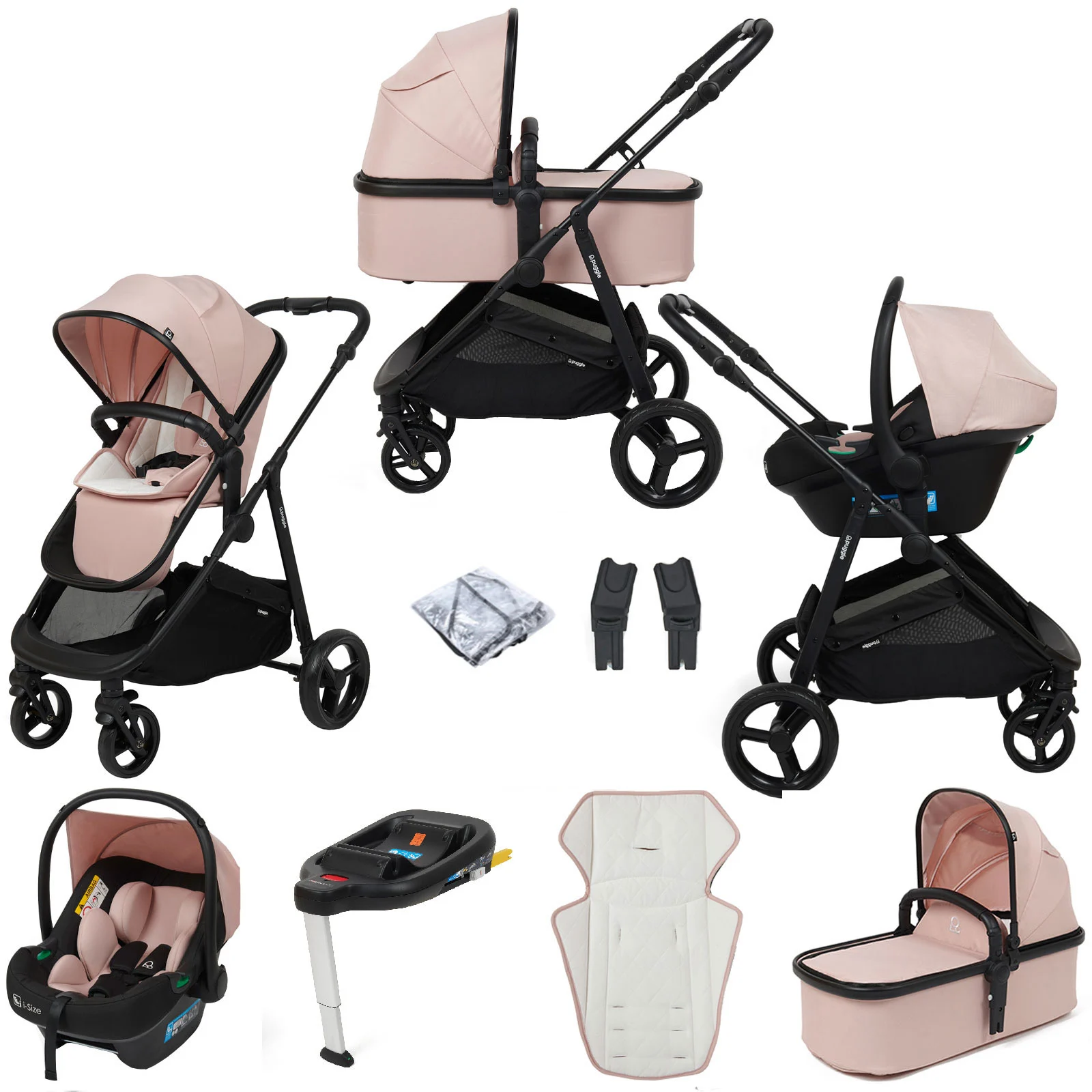 Puggle Minnesota XT 3in1 i Size Travel System with Adjustable Handles Safe Fit ISOFIX Base Blush Pink