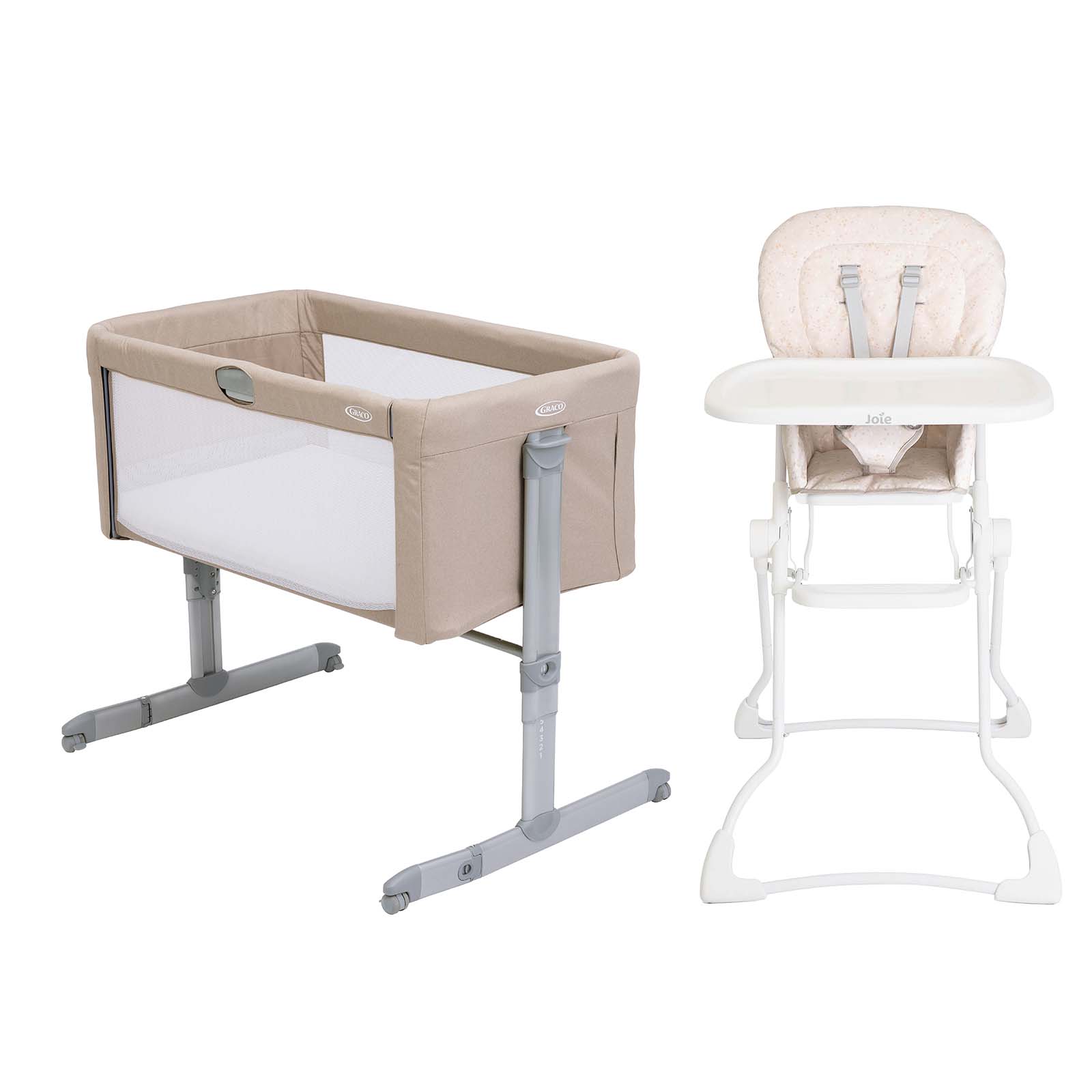 Sweet2Sleep Bedside Crib & Joie Mimzy Highchair Oatmeal Fleck