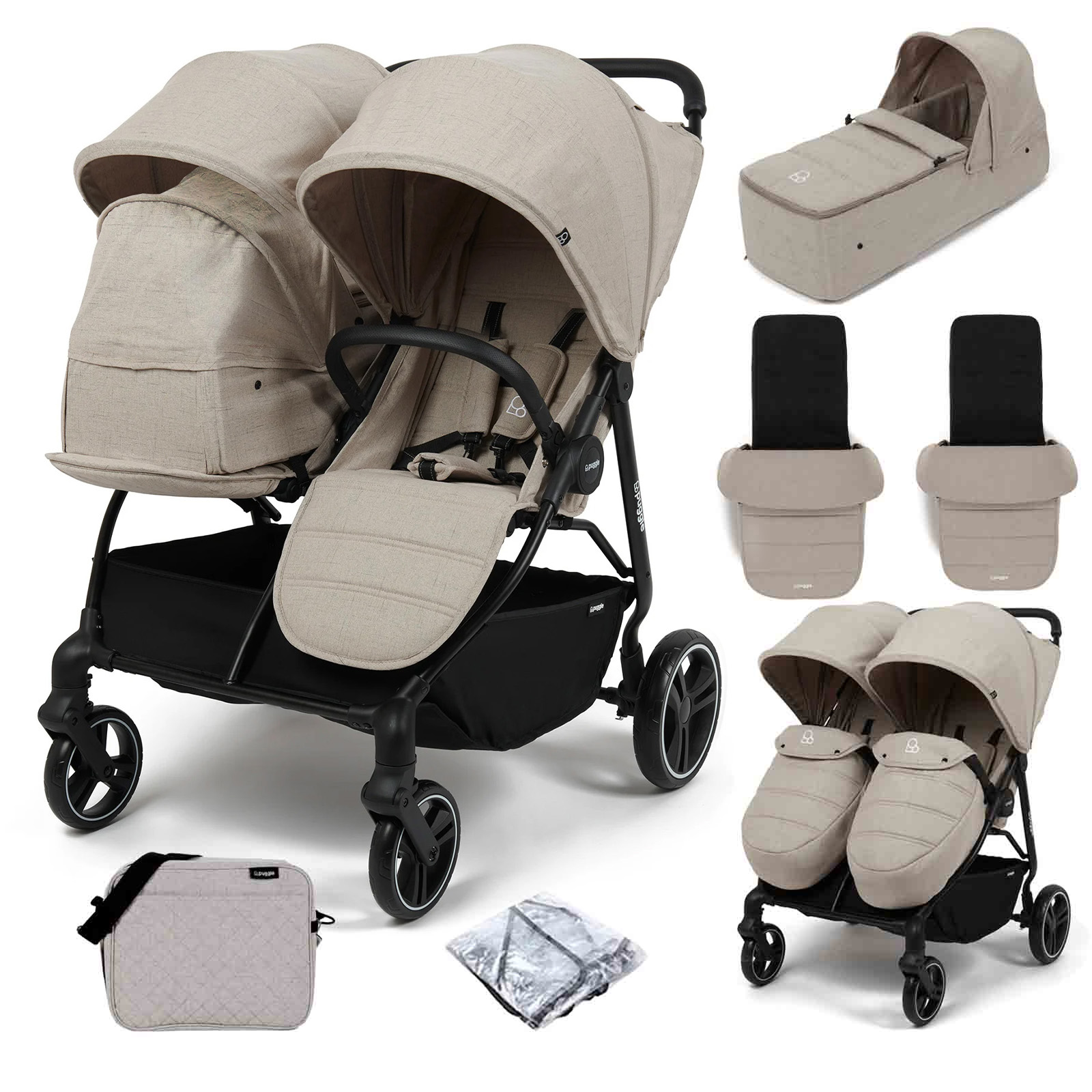 Puggle Urban City Easyfold Twin Pushchair with Covers, 2 Footmuffs, Changing Bag & Soft Carrycot - Cashmere