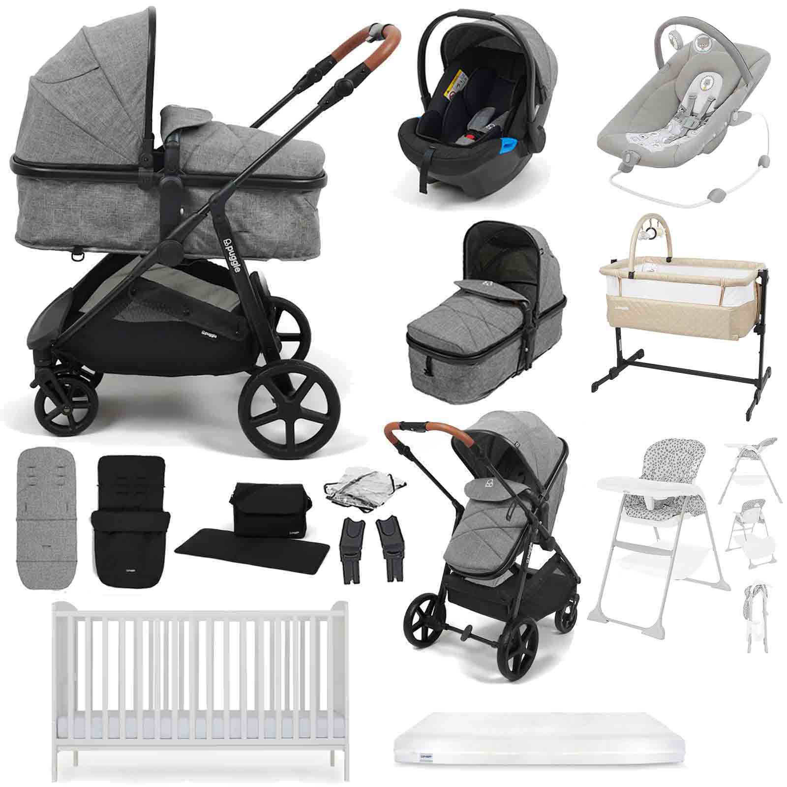 Puggle Monaco XT 2-in-1 Travel System with Henbury Cot Bed & Eco Fibre Mattress 14-Piece Bundle - Graphite Grey