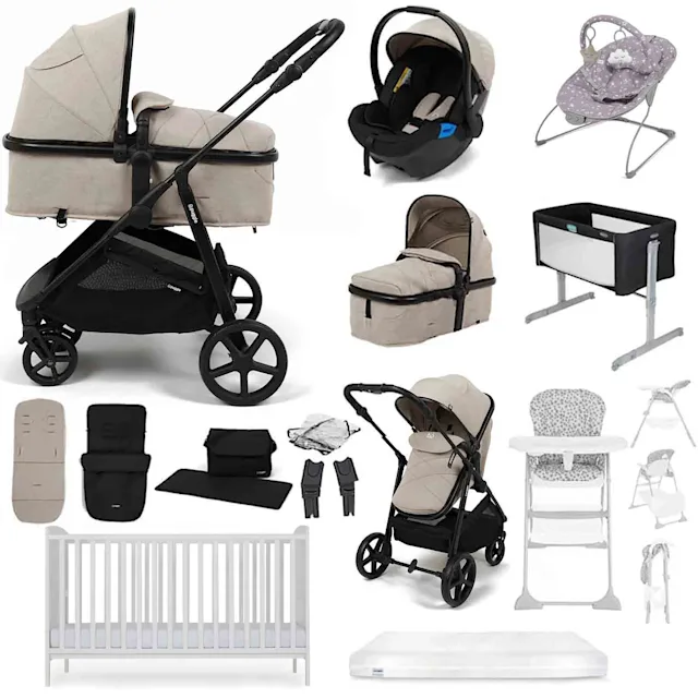 Puggle Monaco XT 2-in-1 Travel System with Henbury Cot Bed & Eco Fibre Mattress 14-Piece Bundle - Cashmere