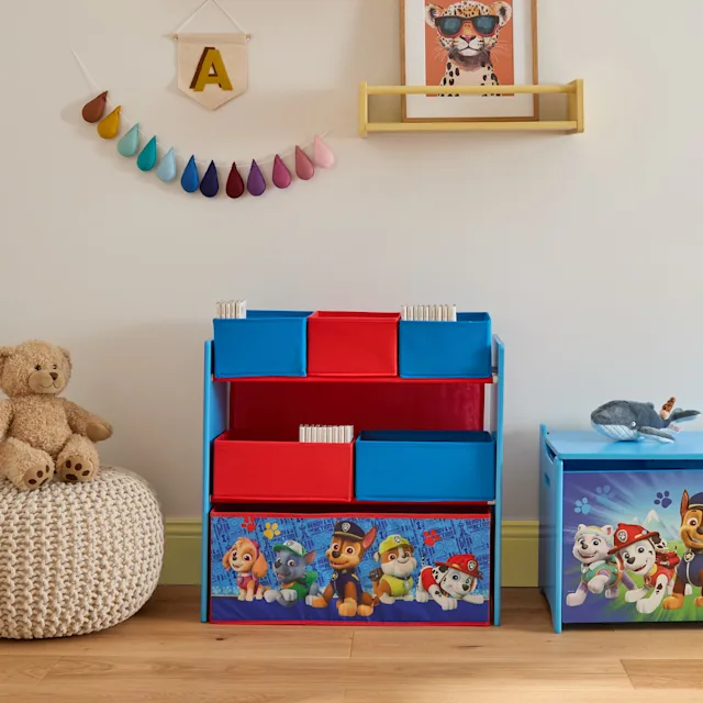 Paw Patrol Wooden Toy Organiser with 6 Storage Bins - Blue & Red