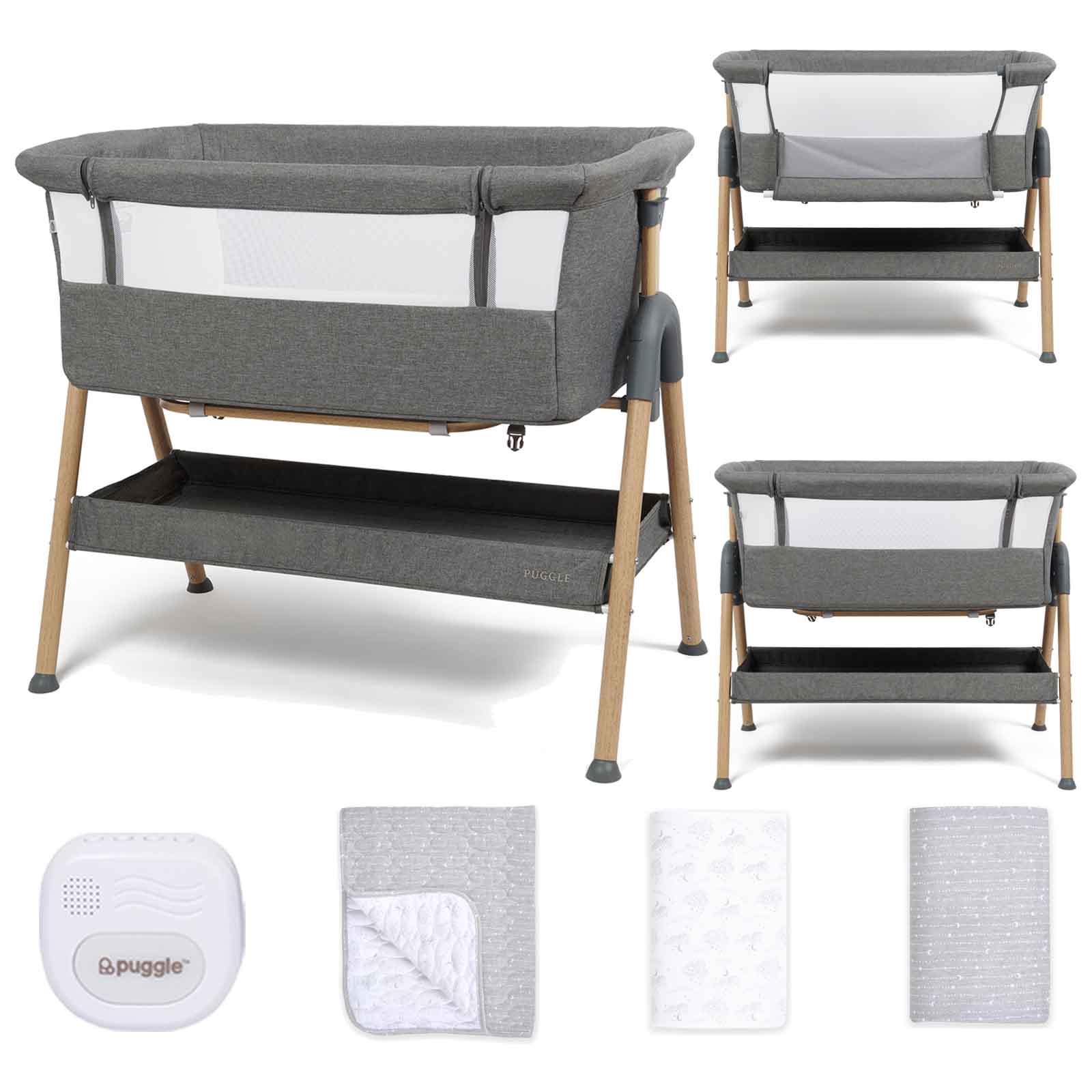 Puggle Dreamy Beside Crib with Musical Night Light & To The Moon & Back Bedding Set, 5-Piece Bundle - Grey