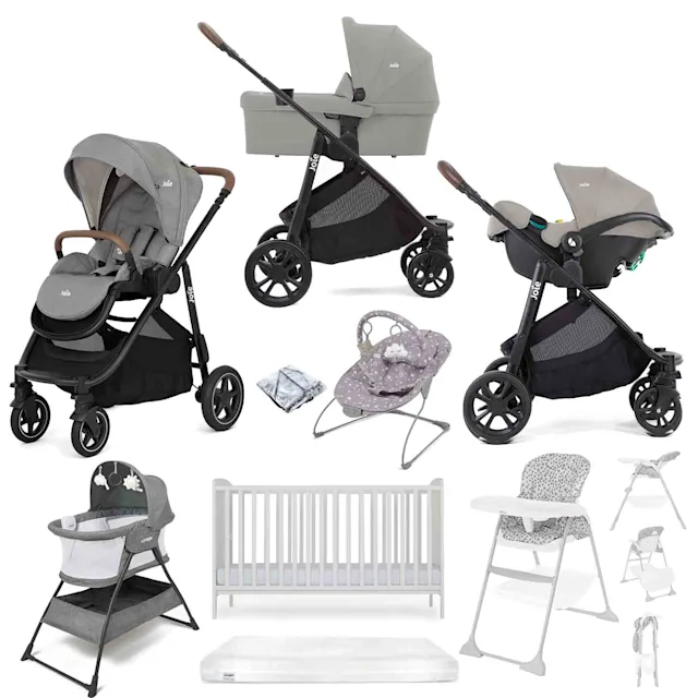 Joie Versatrax E Trio Travel System with i-Snug 2, Cot Bed & Mattress 8-Piece Bundle - Pebble