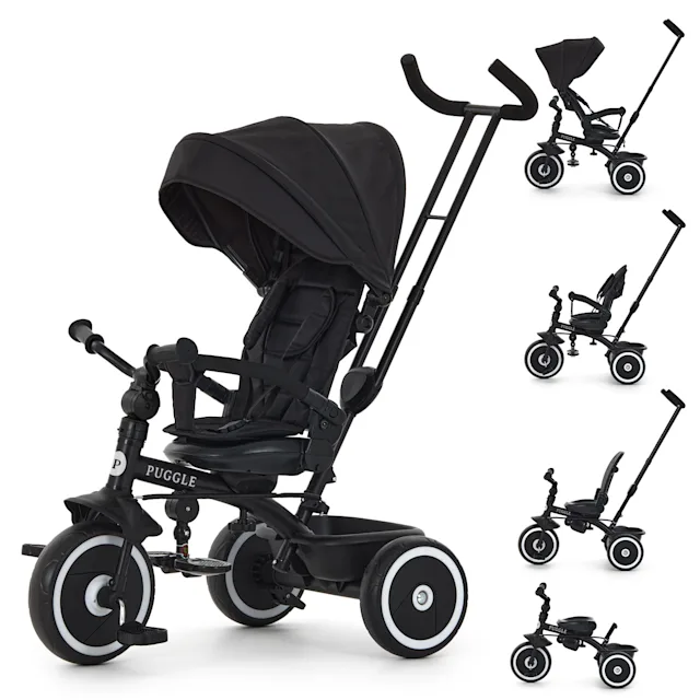 Puggle Easy Twist 6-in-1 Folding Trike with Parent Handle - Midnight Black (9 Months - 5 Years)