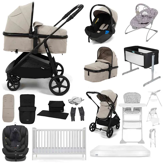 Puggle Monaco XT Travel System with Cot Bed & Mattress, 15 Pcs Everything You Need Bundle - Cashmere