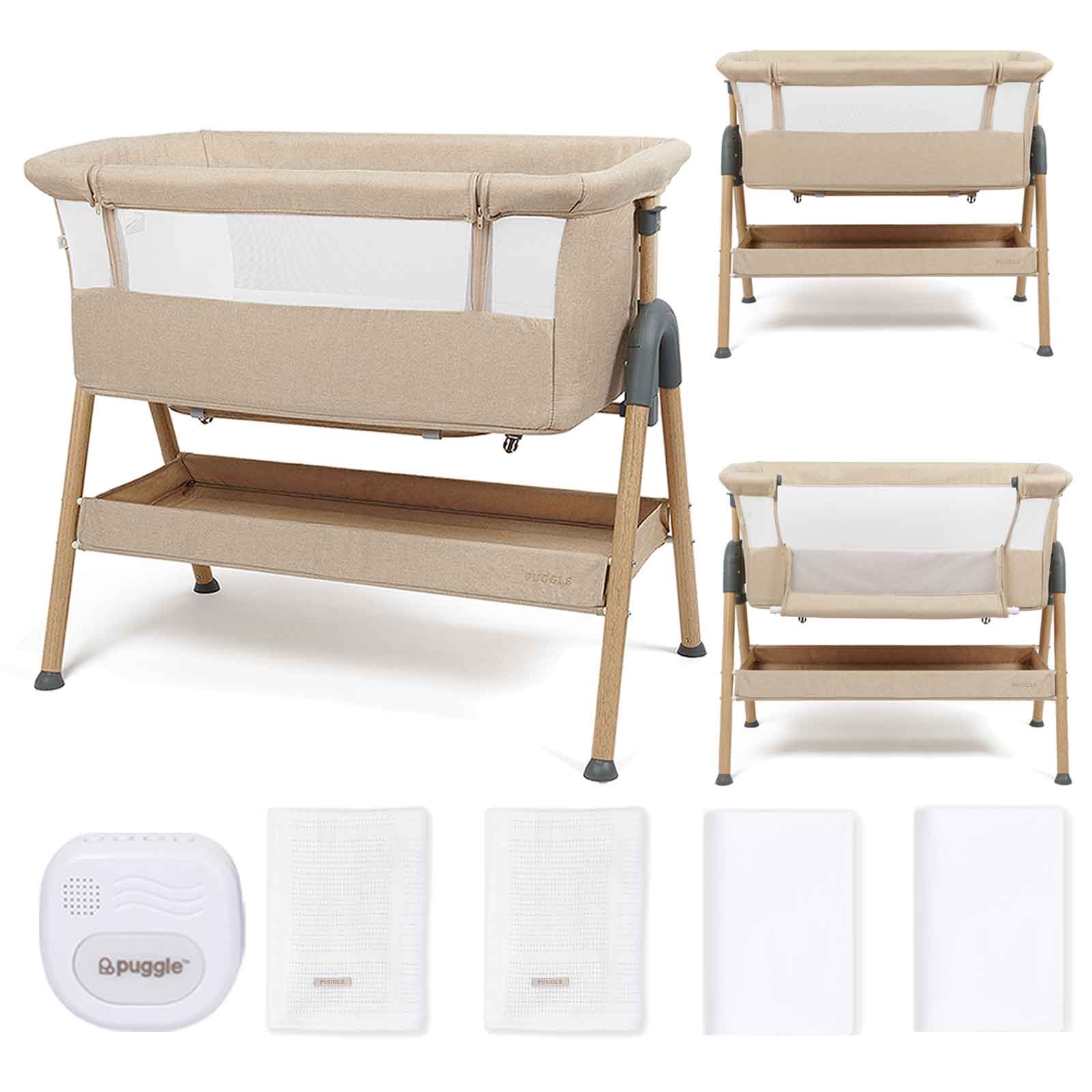 Puggle Dreamy Beside Crib with Bedding Starter Set & Musical Vibration Night Light, 6-Piece Bundle - Cashmere