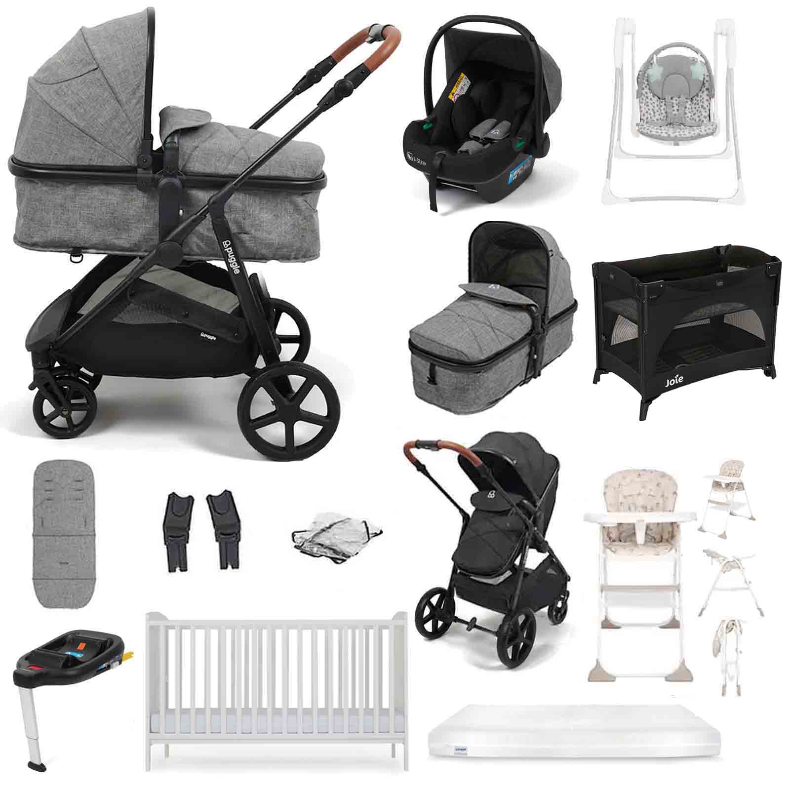 Puggle Monaco XT i-Size Travel System with Henbury Cot Bed & Mattress 11-Piece Bundle - Graphite Grey