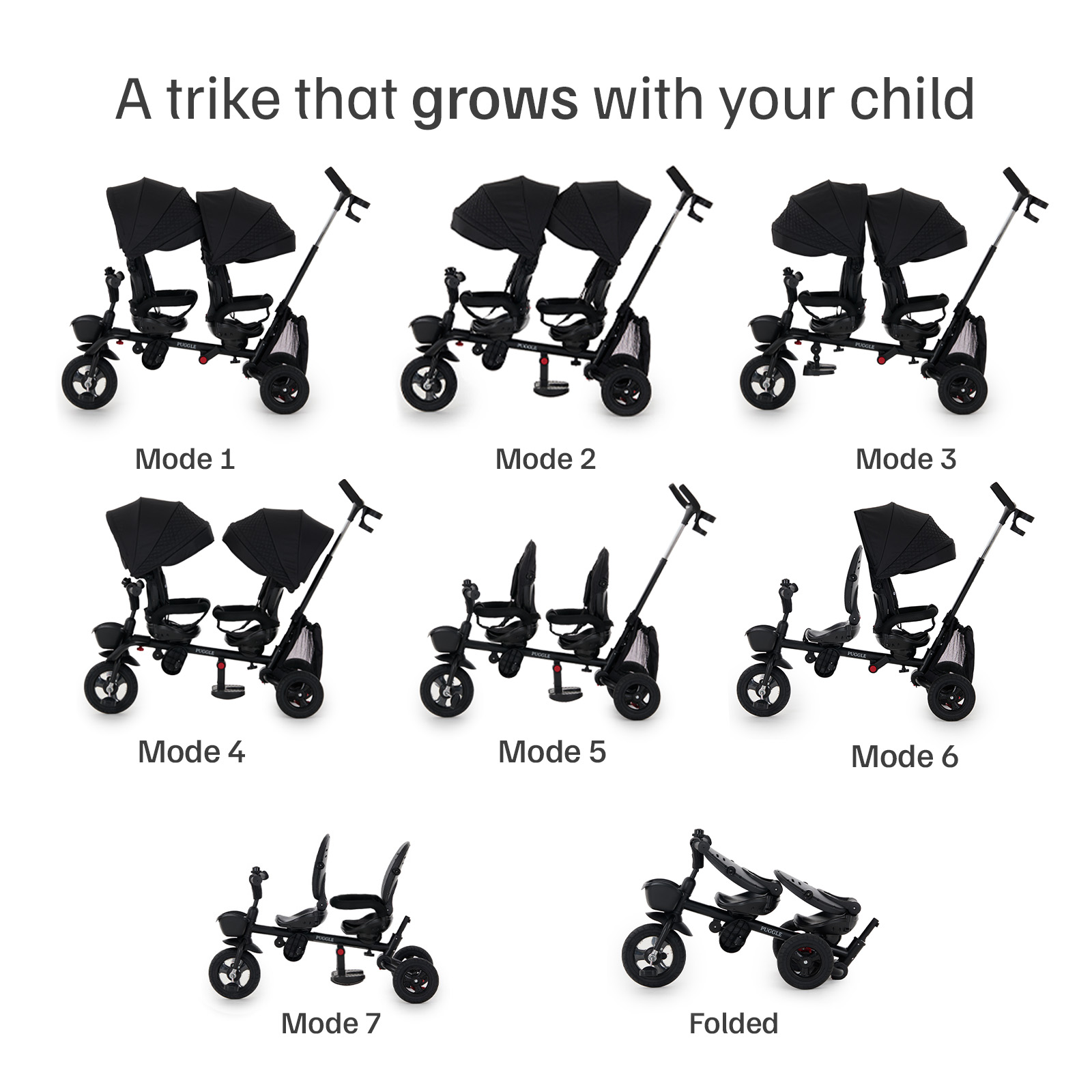 Puggle Designer Twin Spin 7-in-1 Trike – Black | The Nursery Store