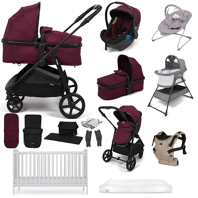 Puggle Monaco XT 2-in-1 Travel System with Henbury Cot Bed & Eco Fibre Mattress 14-Piece Bundle - Burgundy
