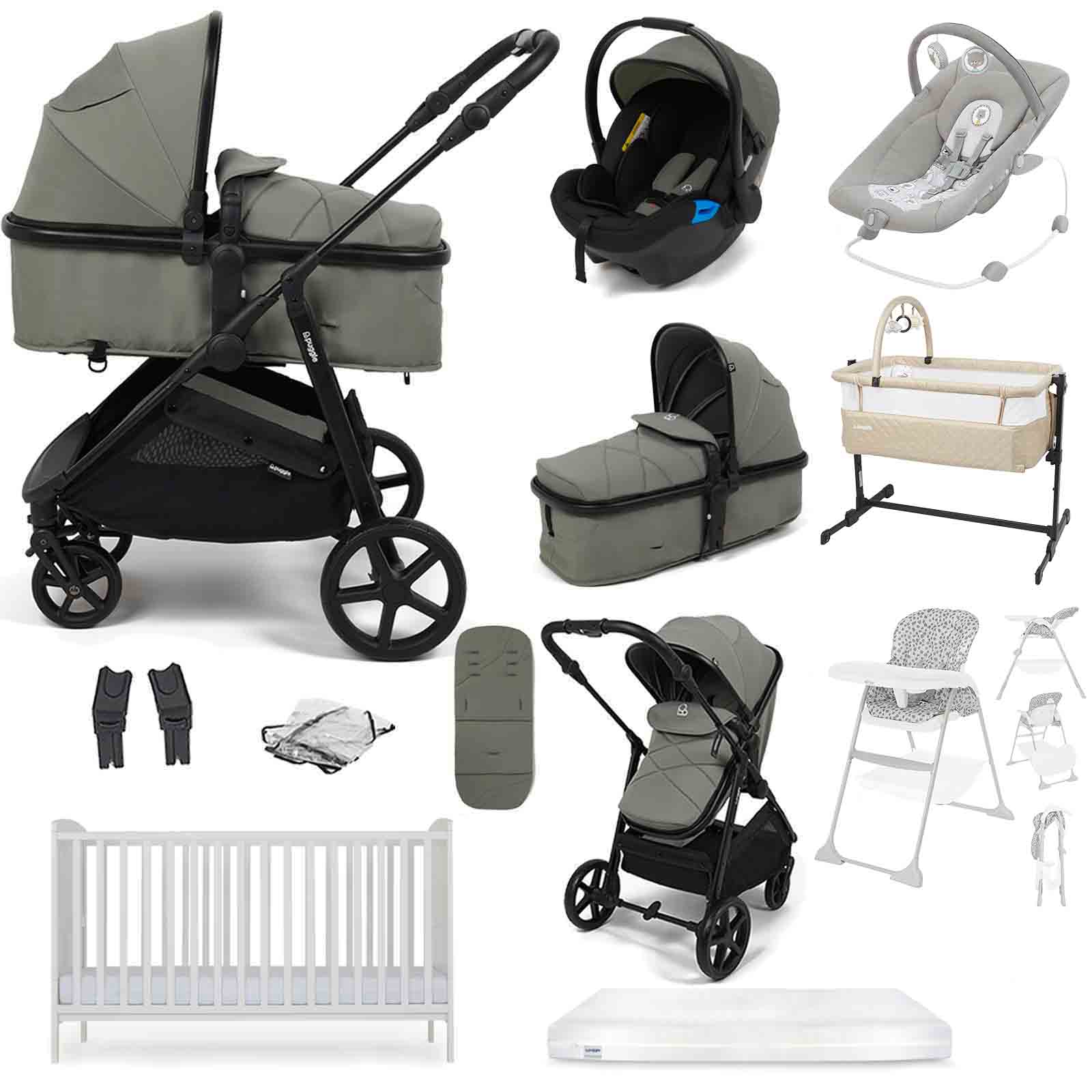 Puggle Monaco XT Travel System with Cot Bed & Mattress, 11 Pcs Everything You Need Bundle - Seagrass