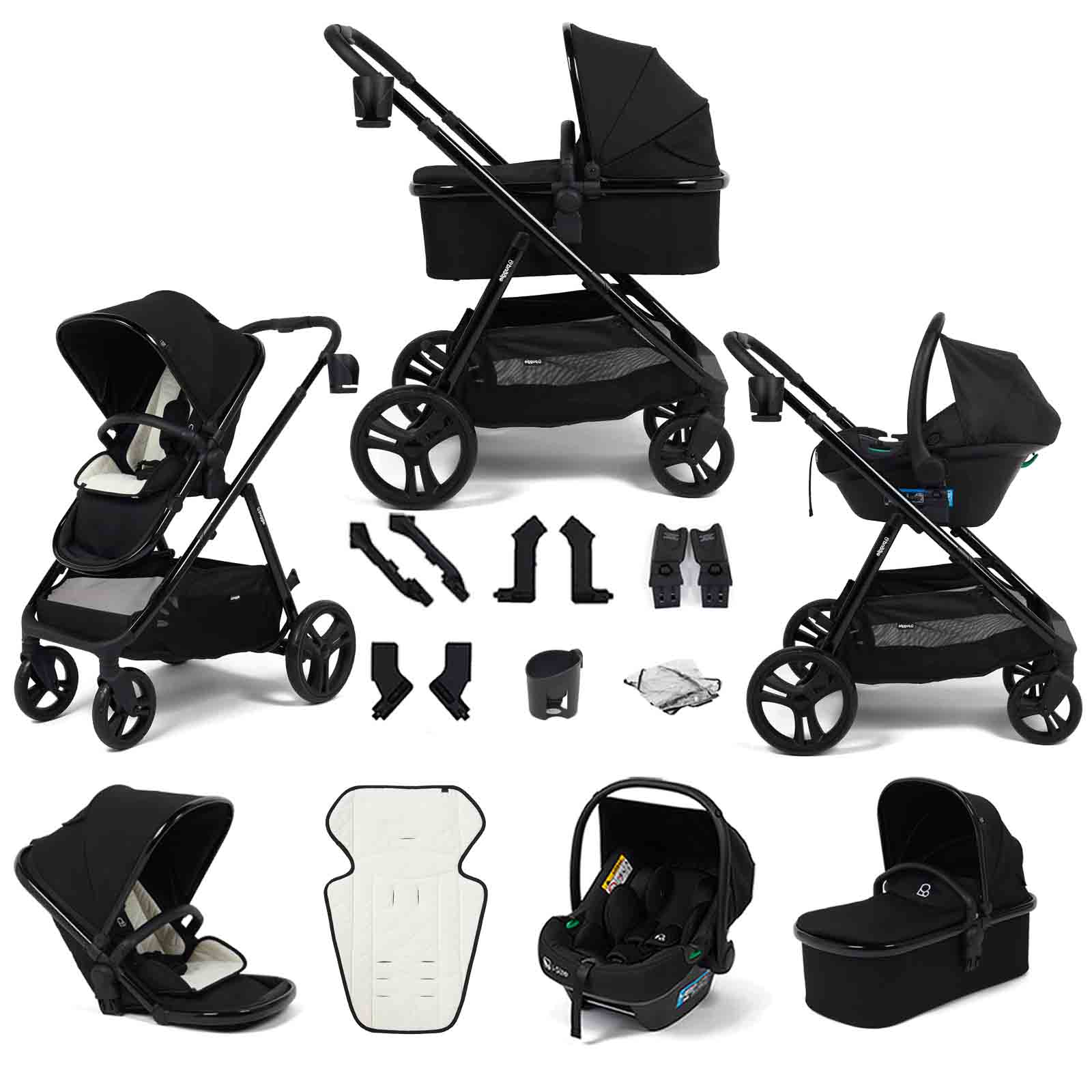 Puggle Memphis 3-in-1 Travel System with Safe Fit i-Size R129 Car Seat & Carrycot - Midnight Black Luxe
