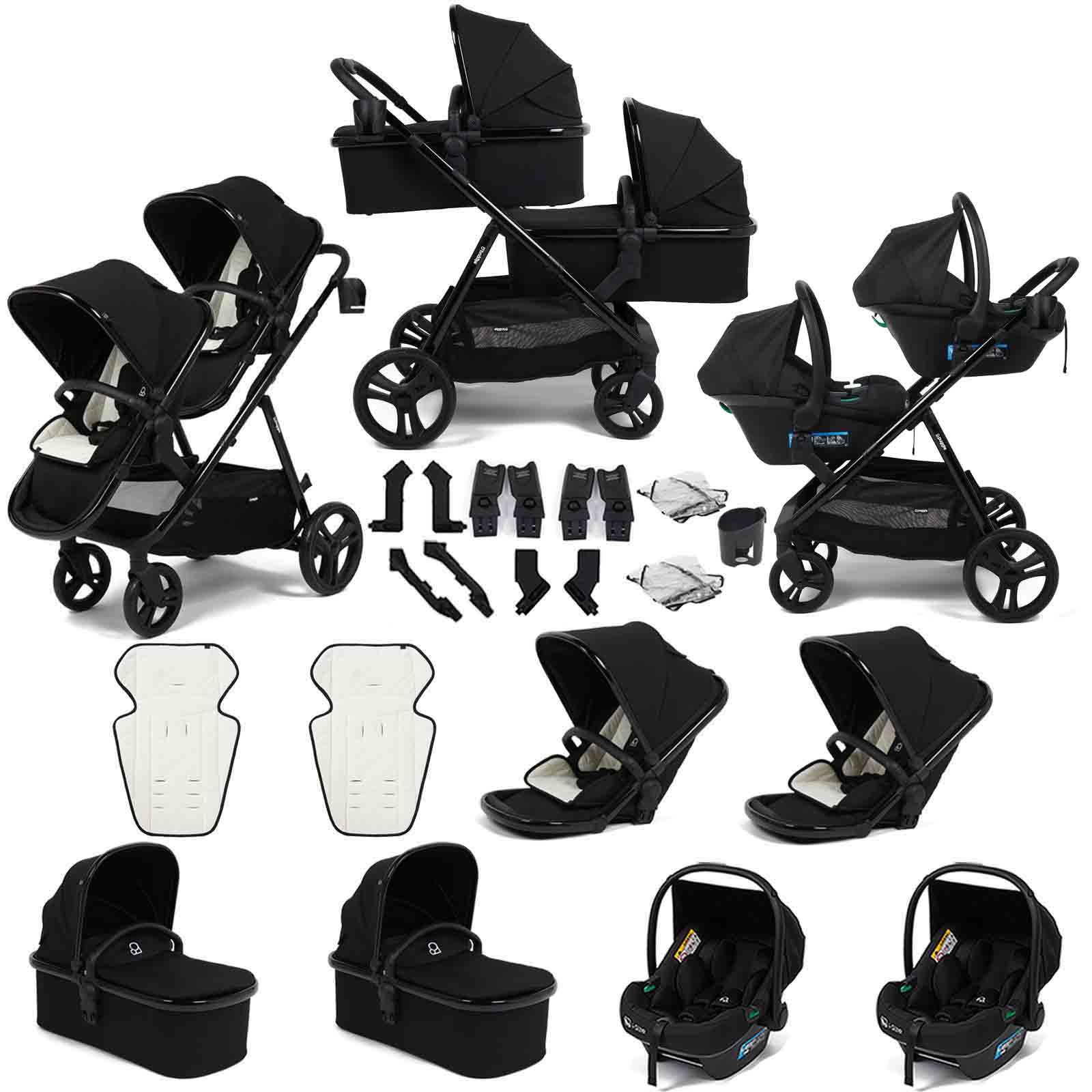 Puggle Memphis 3-in-1 Duo Double Twin Travel System with i-Size Car Seats & Carrycots - Midnight Black Luxe