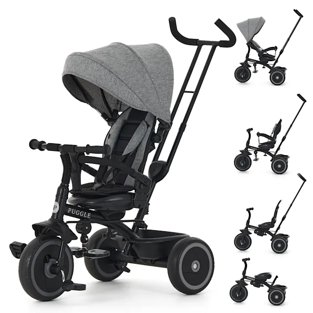 Puggle Easy Twist 6-in-1 Folding Trike with Parent Handle - Melange Grey (9 Months - 5 Years)