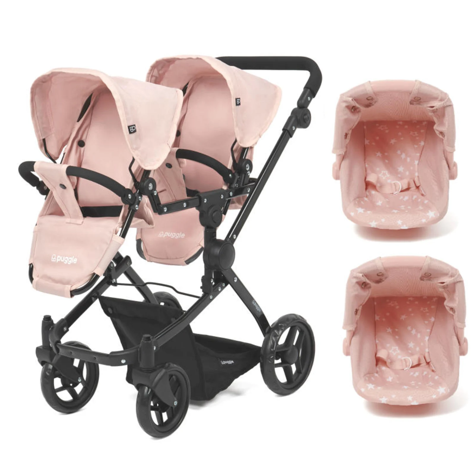 Puggle Grace Duo Twin Dolls Stroller Pushchair with 2 Car Seats Blush Pink