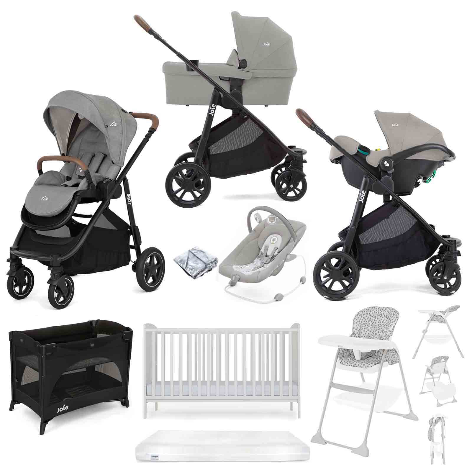 Joie Versatrax E Trio Travel System with i-Snug 2, Cot Bed & Mattress 8-Piece Bundle - Pebble