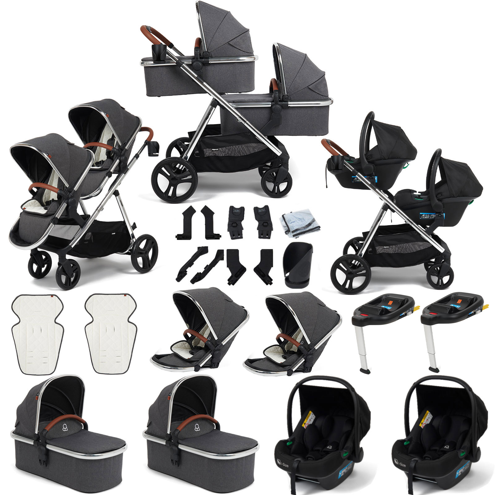 Puggle Memphis 3-in-1 Duo Double Twin Travel System with R129 Car Seats, Carrycots & Bases-Platinum Grey Luxe