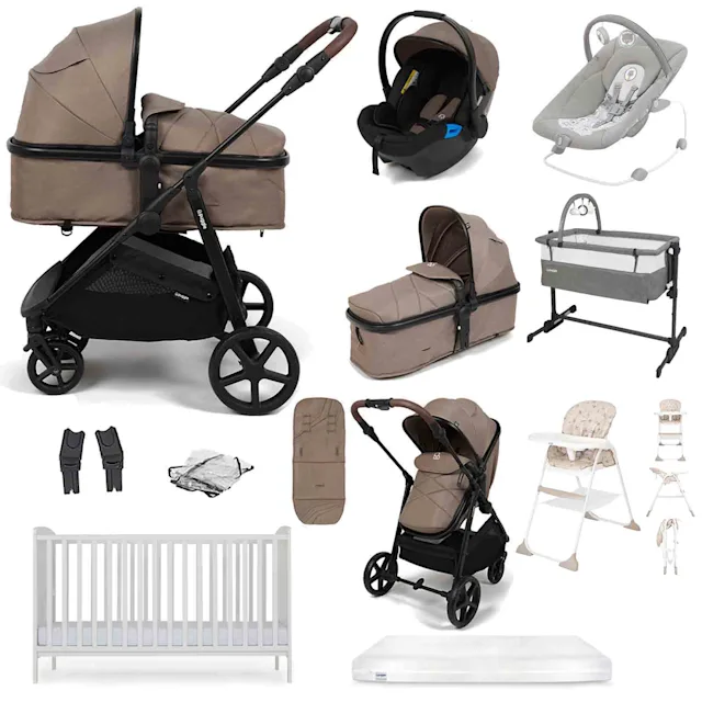 Puggle Monaco XT Travel System with Cot Bed & Mattress, 11 Pcs Everything You Need Bundle - Truffle