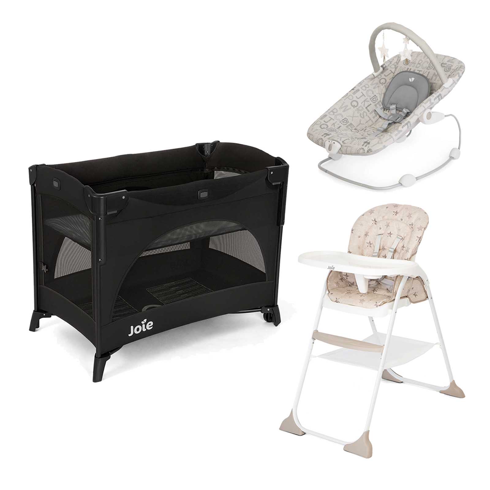Joie Travel Cot, Bouncer & Highchair 3-Piece Bundle - Shale/ABC/Cosmo Tan