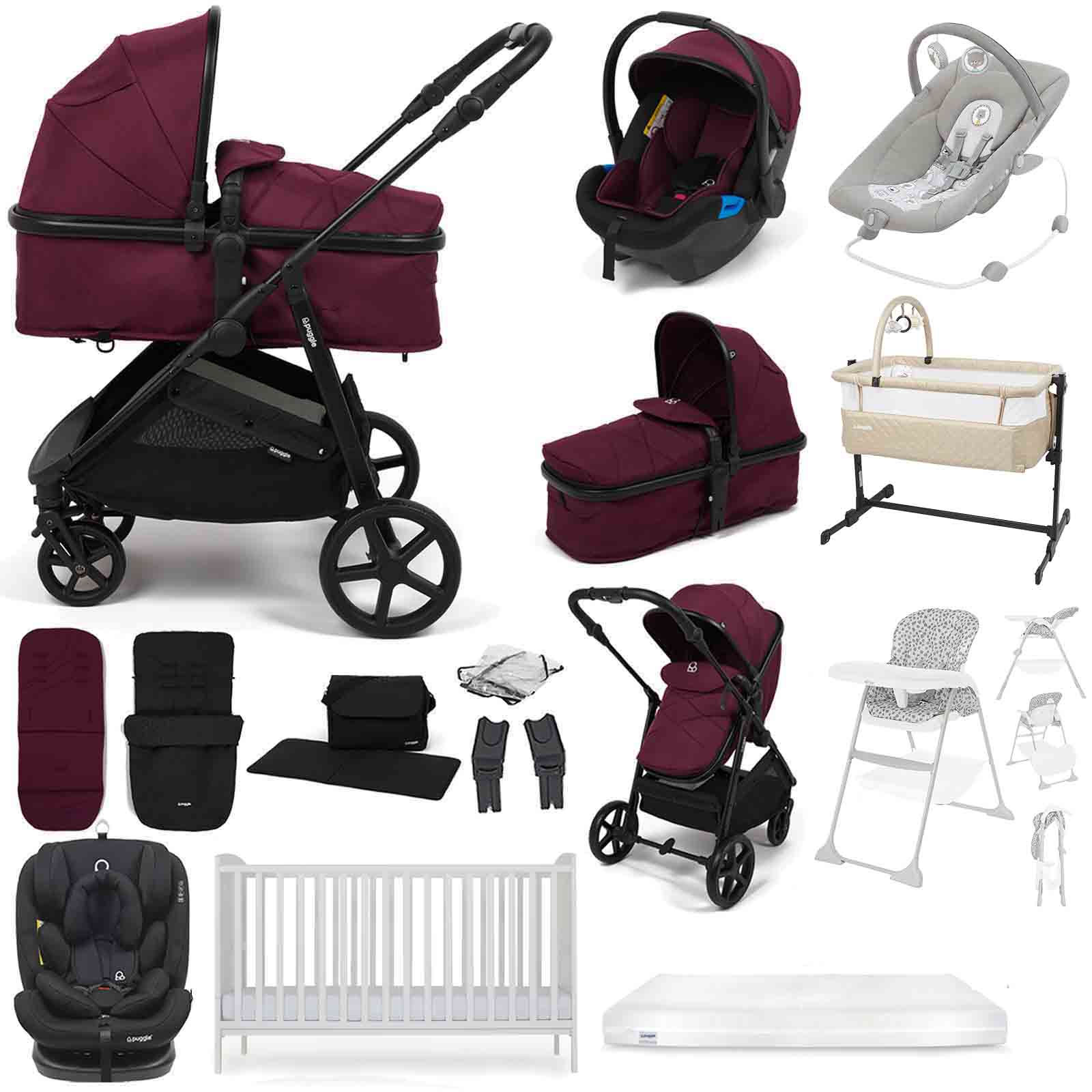 Puggle Monaco XT 2-in-1 Travel System with Henbury Cot Bed & Fibre Mattress 15-Piece Bundle - Burgundy