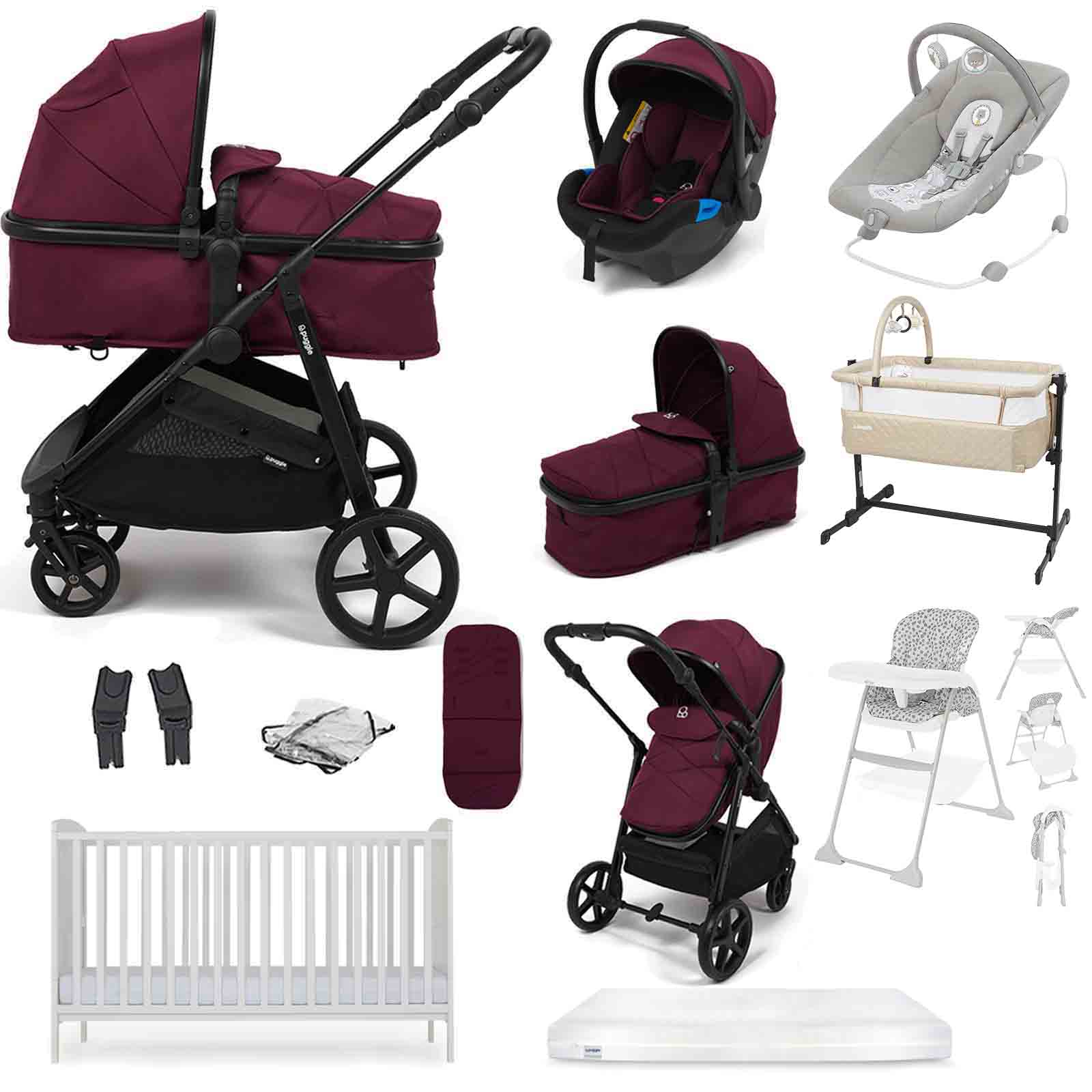 Puggle Monaco XT Travel System with Cot Bed & Mattress, 11 Pcs Everything You Need Bundle - Burgundy