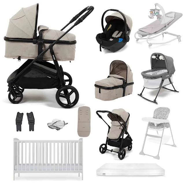 Puggle Monaco XT 2-in-1 Travel System with Cot Bed & Mattress, 10 Pcs Everything You Need Bundle-Cashmere