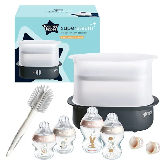 Tommee Tippee Super-Steam Advanced Electric Steriliser & Newborn Baby Bottle Starter Kit Set  - Pink