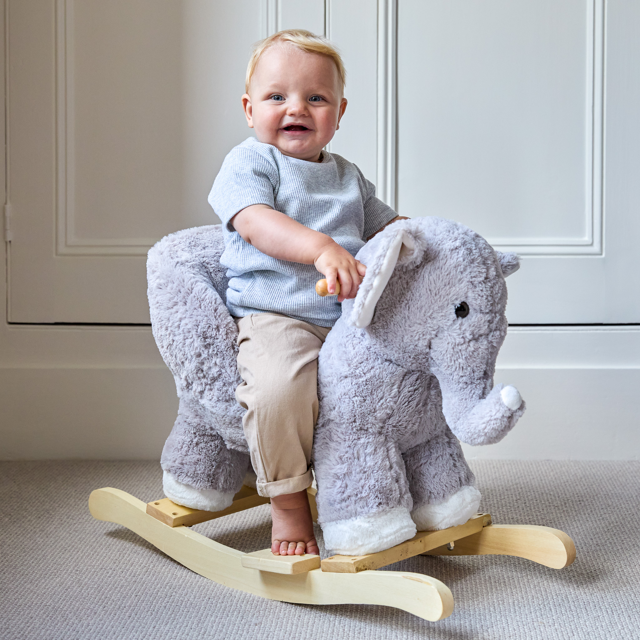 Puggle Plush Wooden Rocking Elephant Seat With Sounds - Grey (12 Months - 3 Years)
