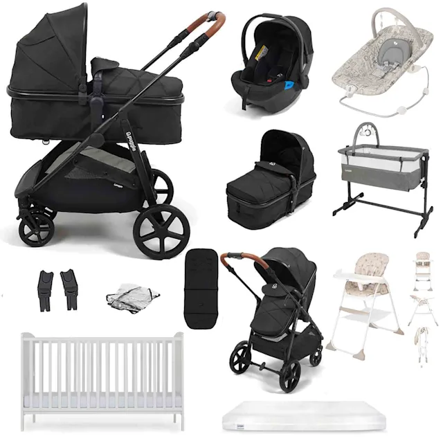 Puggle Monaco XT Travel System with Cot Bed & Mattress, 11 Pcs Everything You Need Bundle - Stormy Black