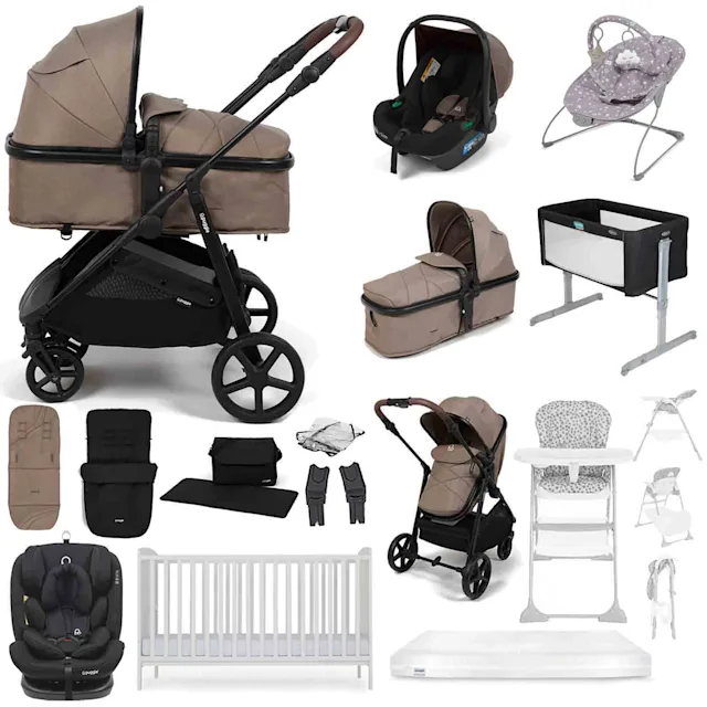 Puggle Monaco XT i-Size Travel System with Henbury Cot Bed & Mattress 15-Piece Bundle - Truffle 