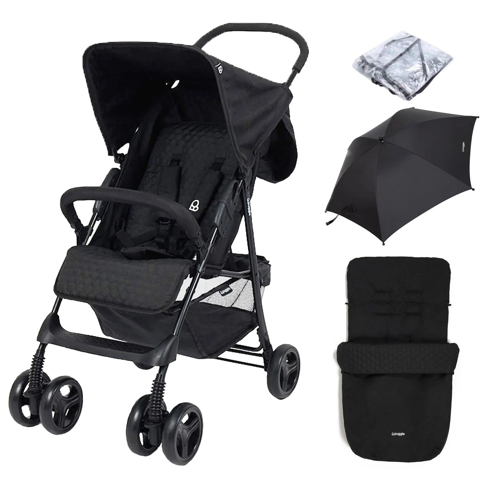 Puggle Holiday Luxe Pushchair Stroller with Rain Cover Universal Footmuff Parasol Storm Black The Nursery Store