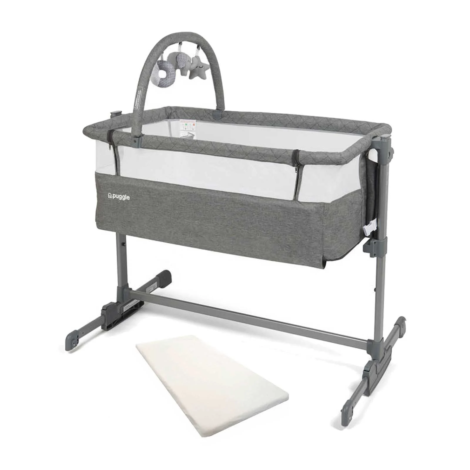 Puggle Sleepy Rocking Bedside Crib with Toy Bar Graphite Grey