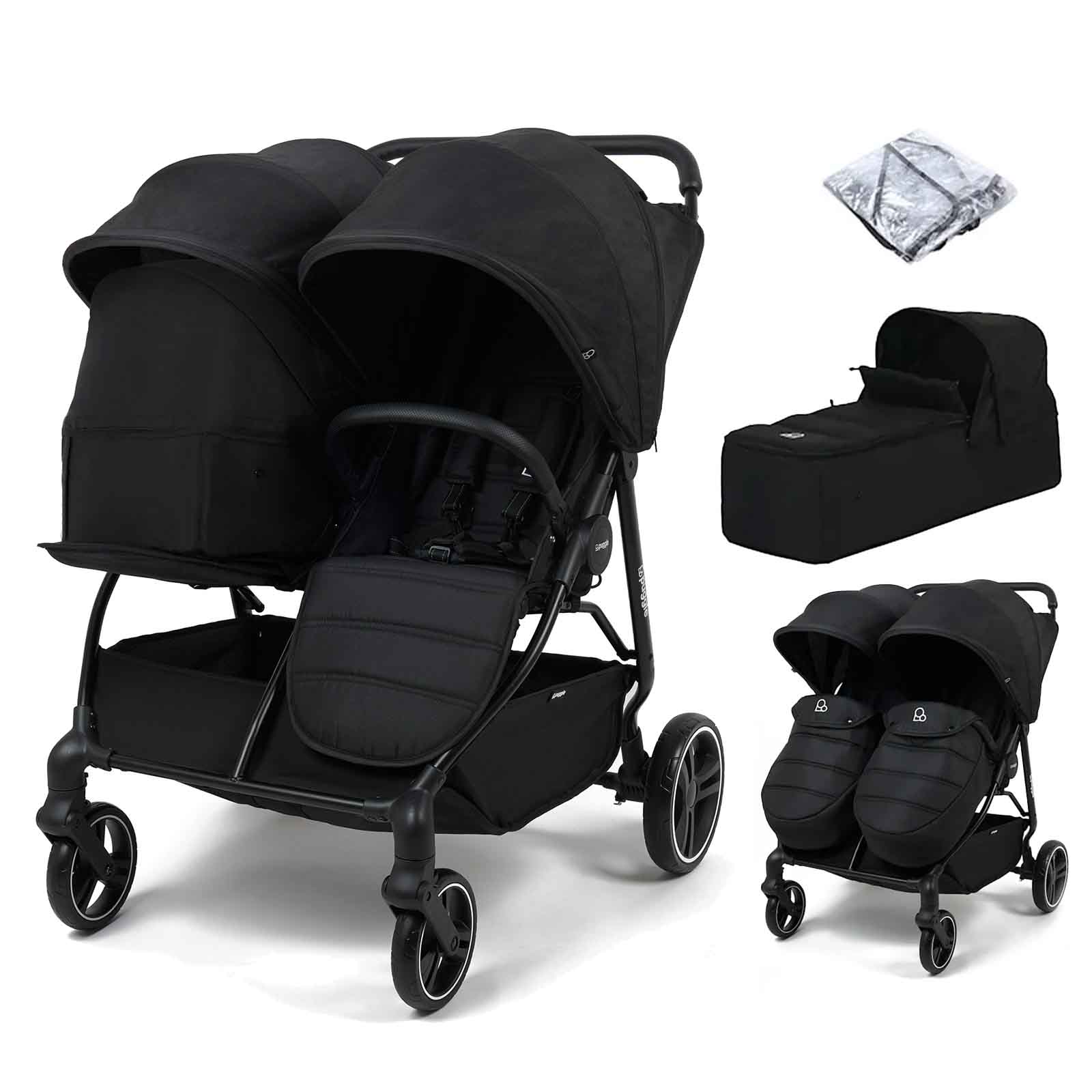 Puggle Urban City Easyfold Twin Double Pushchair With Footmuff & Carrycot - Storm Black