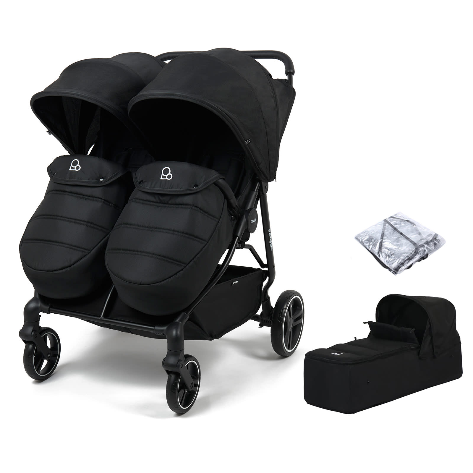 Puggle Urban City Easyfold Twin Double Pushchair With Footmuff Carrycot Storm Black The Nursery Store