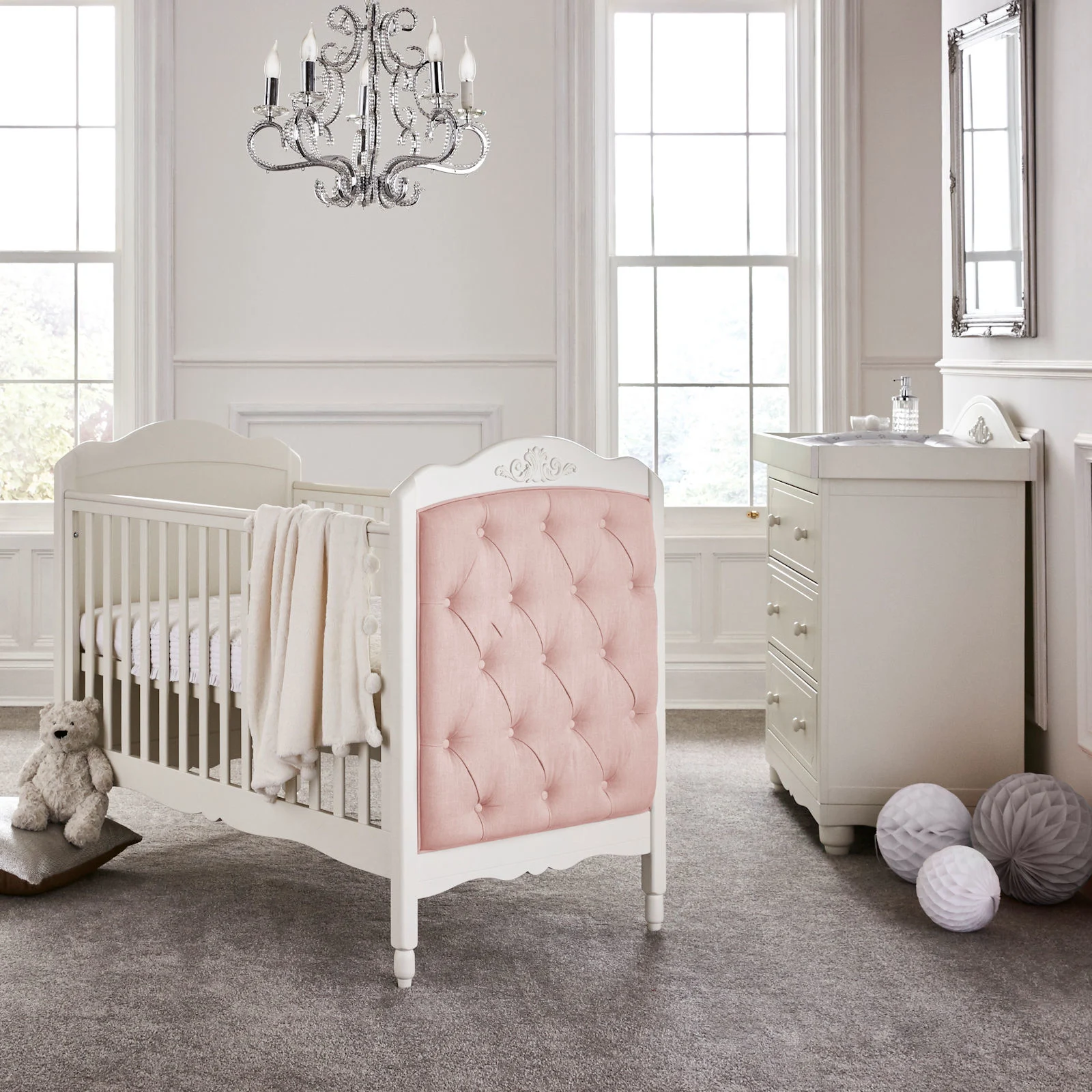 Mee go Epernay Cot Bed 4 Piece Nursery Furniture Set with 10cm Eco Fibre Mattress White Pink The Nursery Store