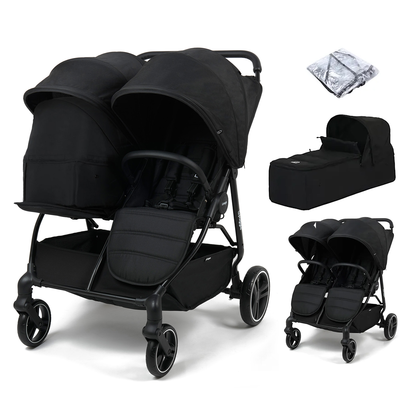 Puggle Urban City Easyfold Twin Double Pushchair With Soft Carrycot - Storm Black