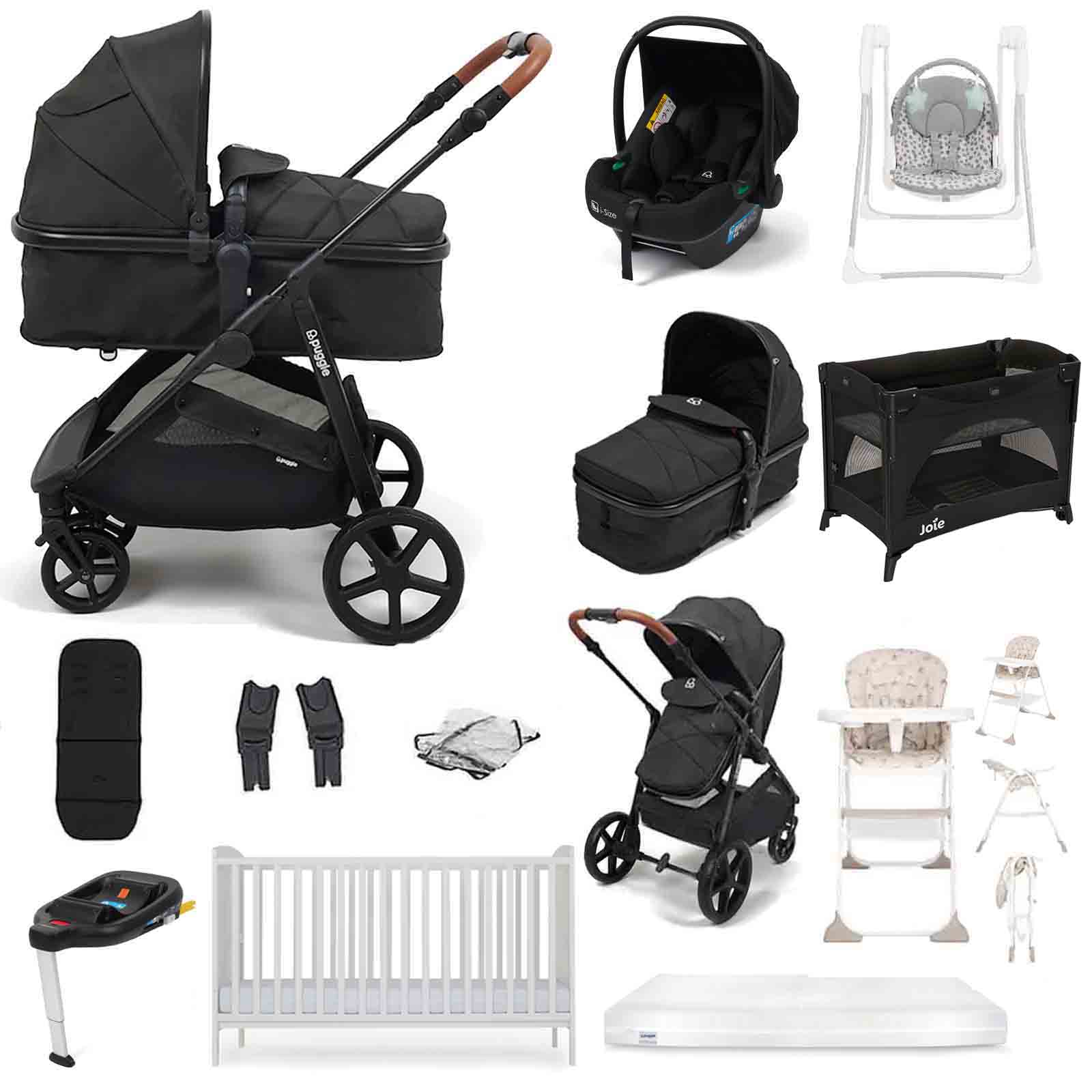 Puggle Monaco XT i-Size Travel System with Henbury Cot Bed & Mattress 11-Piece Bundle - Storm Black