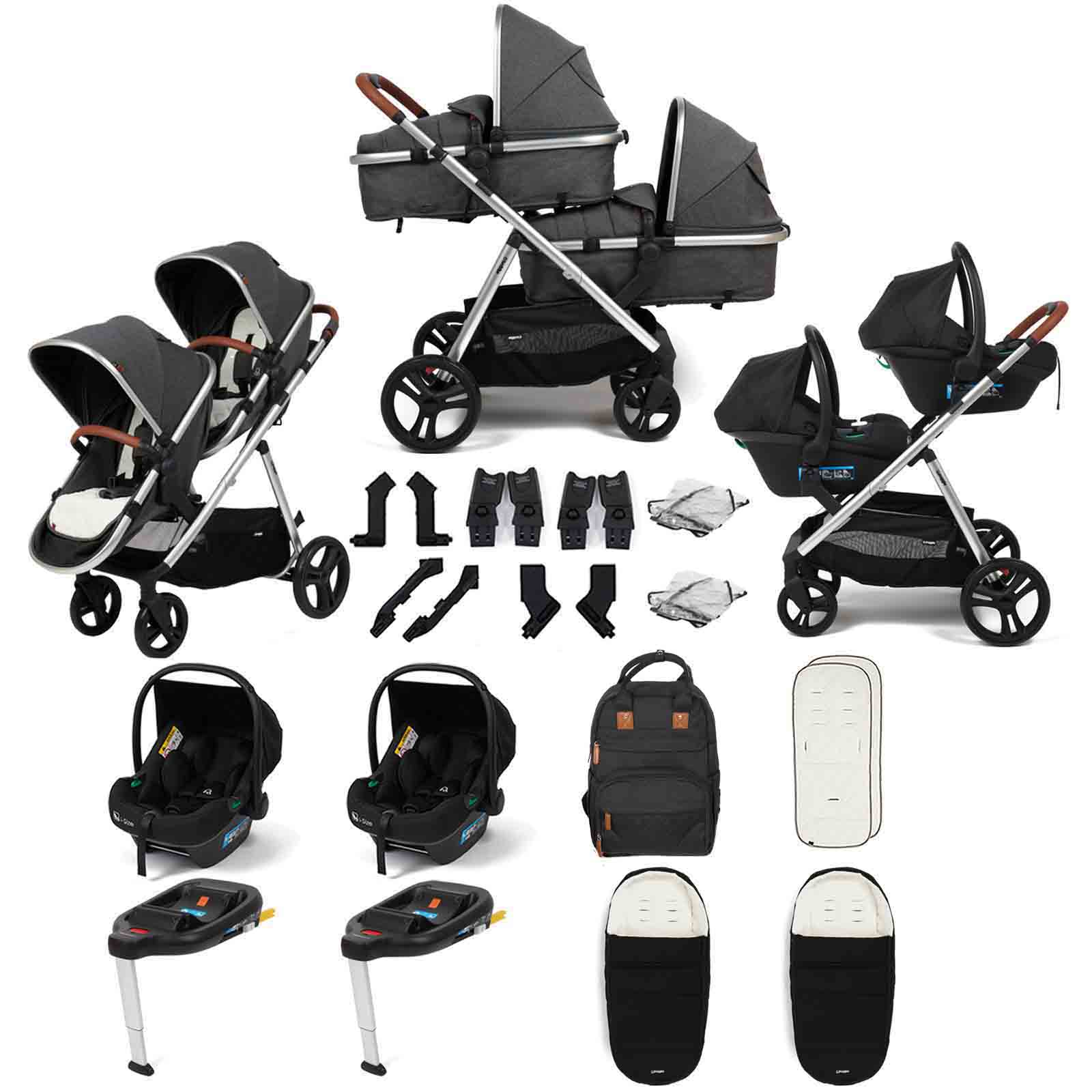 Memphis 2 1 Duo Double Twin Travel System 2 Car Seats 2 Bases 2 Footmuffs & Bag Platinum