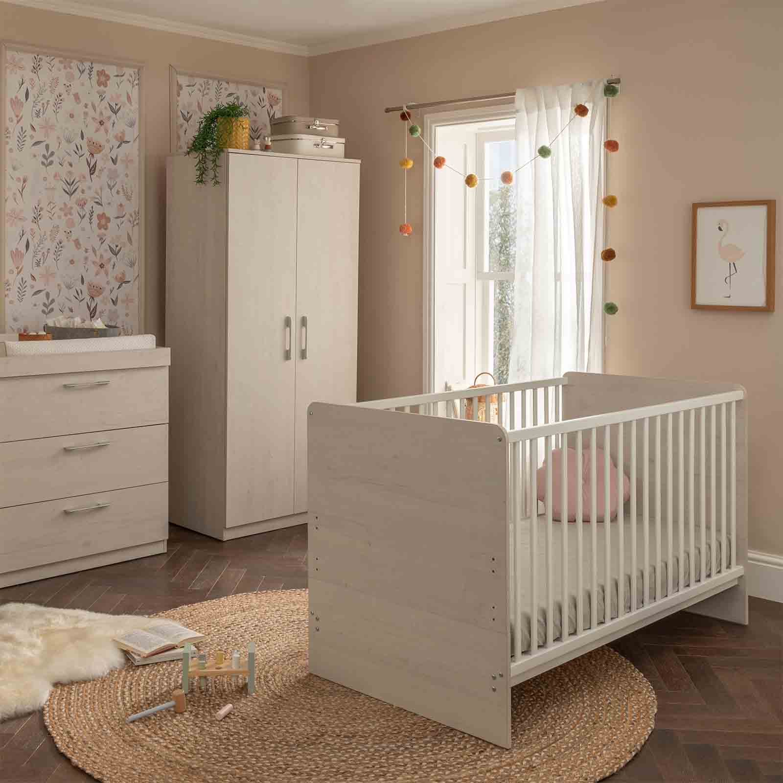 Cuddle Co Freya 4-Piece Cot Bed, Dresser Changer, Wardrobe & Eco Fibre Mattress - Coastal White