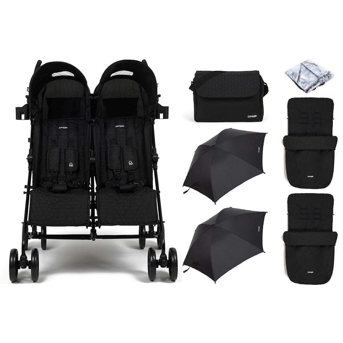 Puggle Litemax Double Pushchair Bundle – Black | The Nursery Store
