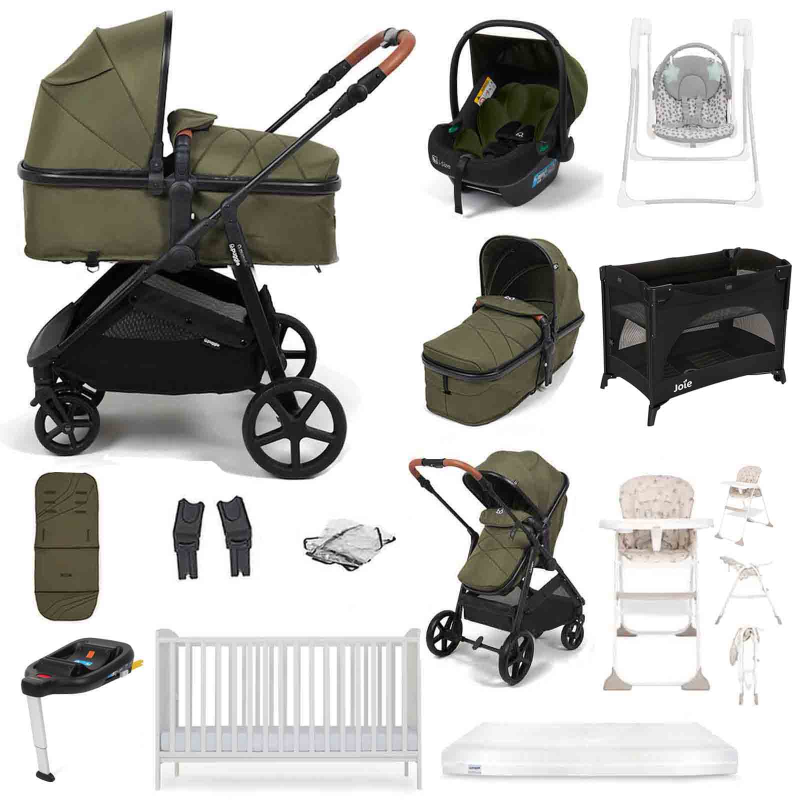 Puggle Monaco XT i-Size Travel System with Henbury Cot Bed & Mattress 11-Piece Bundle - Forest Green